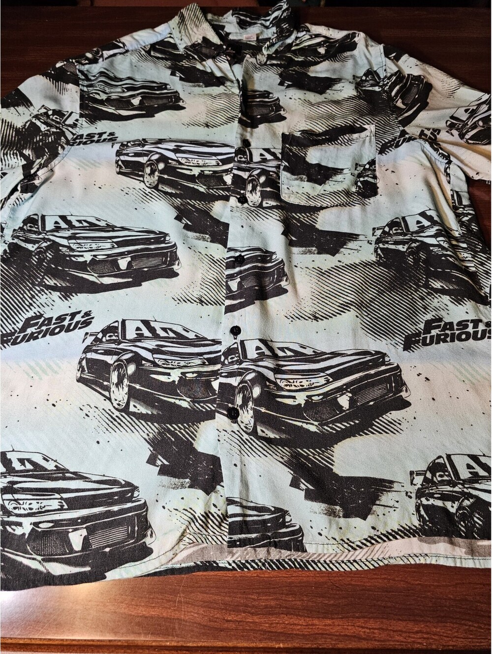 H&M Fast & Furious Mens L Button Up Shirt Cars Graphic All Over Print Black Teal